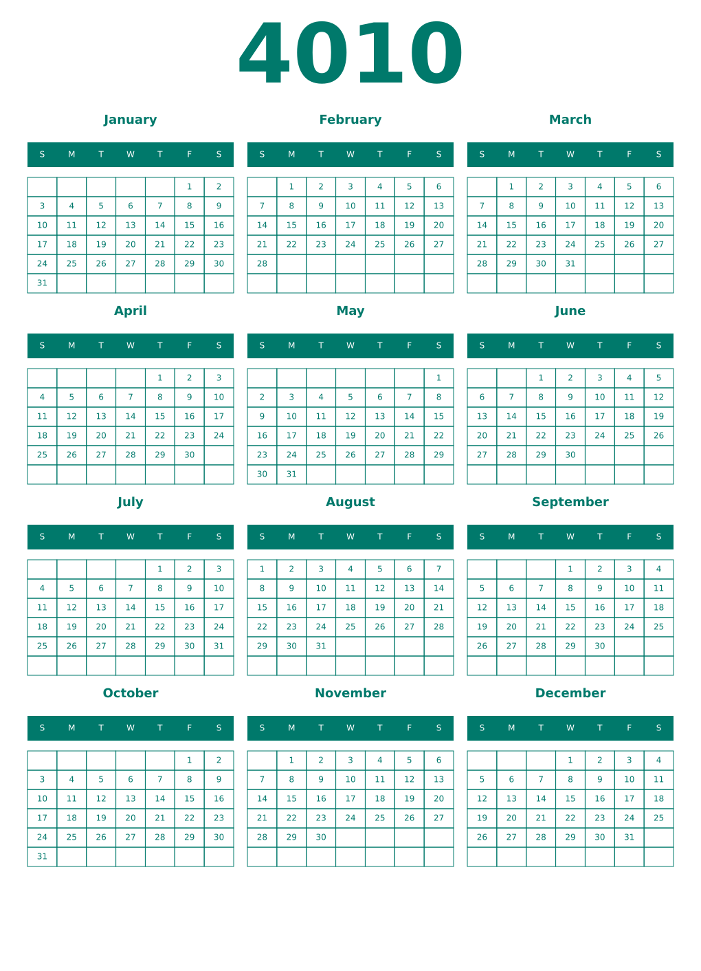 Printable 4010 Year Calendars pastel