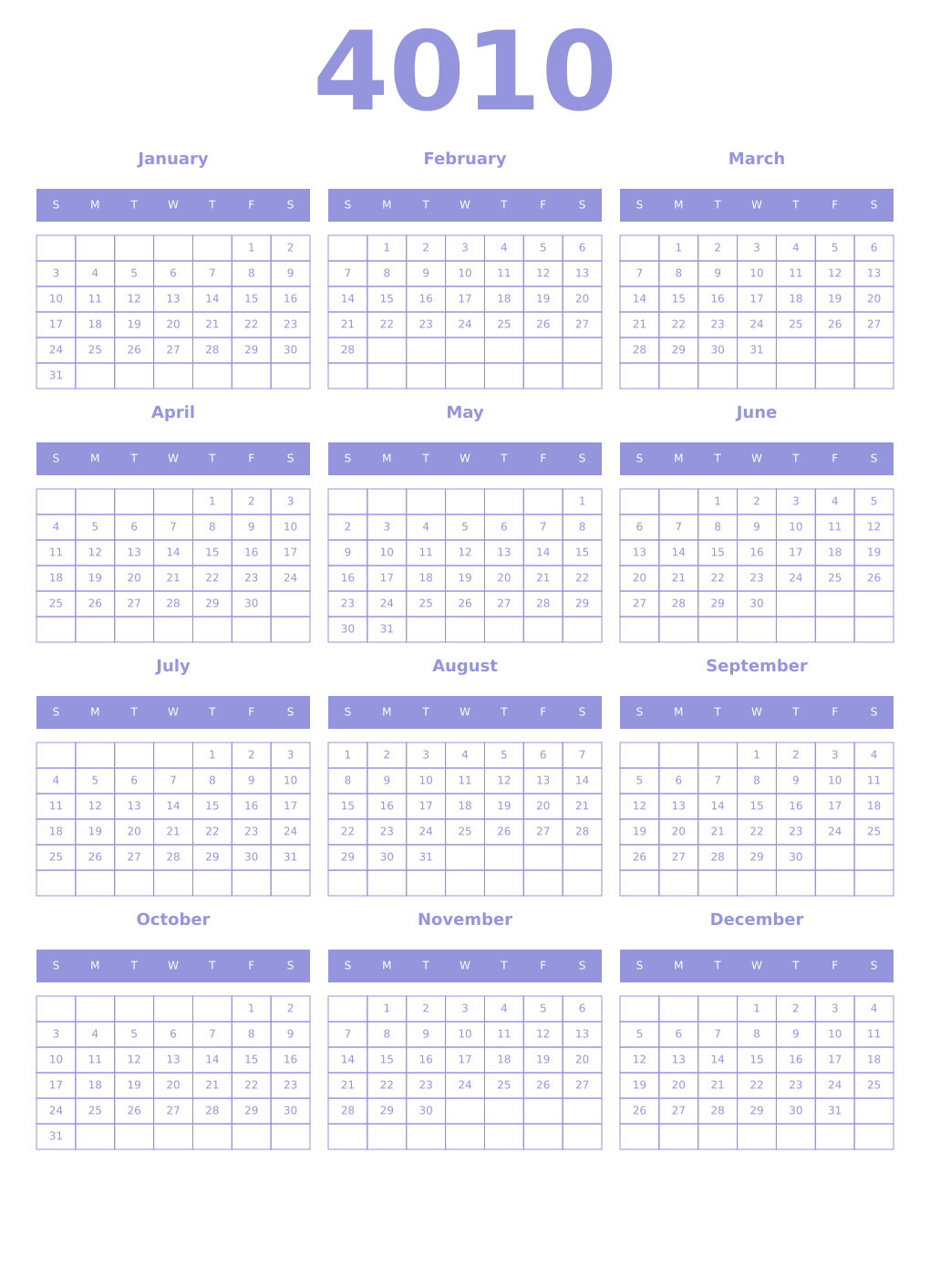 Printable 4010 Year Calendars periwinkle