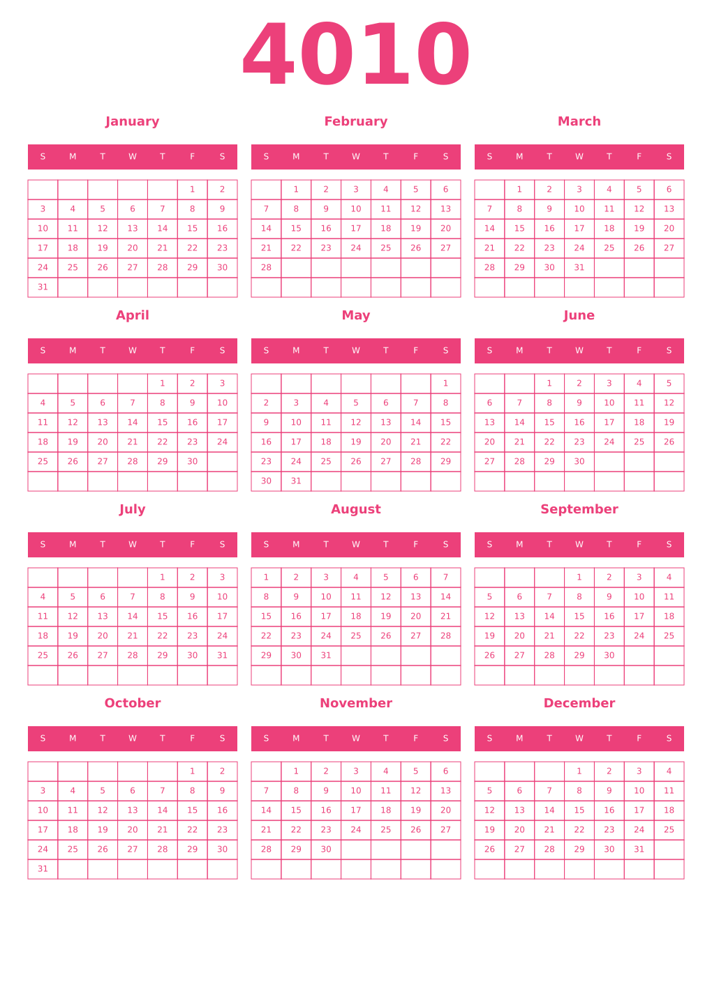Printable 4010 Year Calendars pink