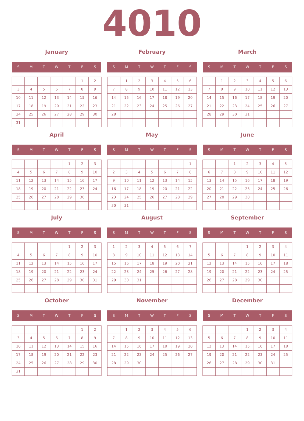 Printable 4010 Year Calendars puce