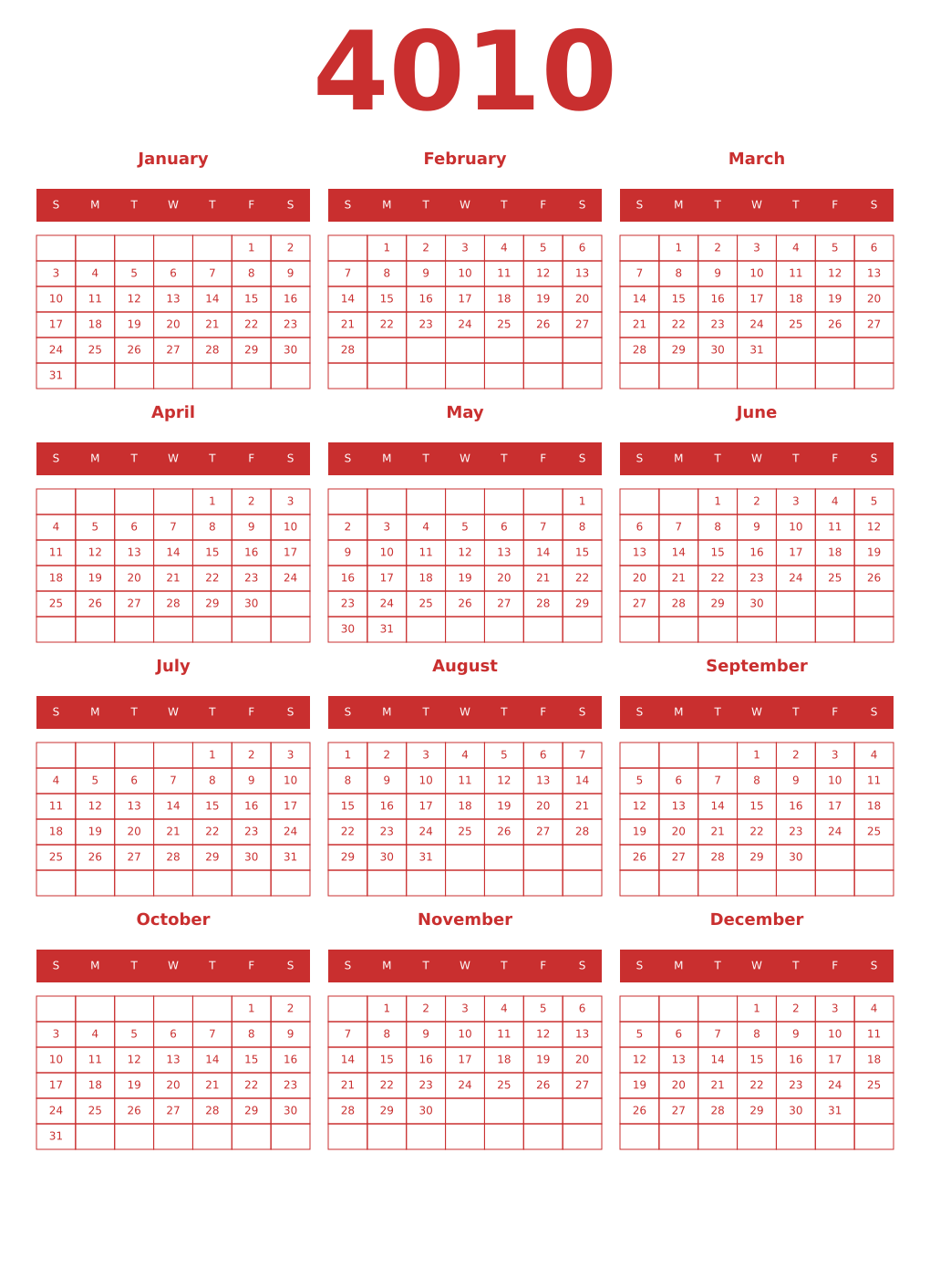 Printable 4010 Year Calendars red