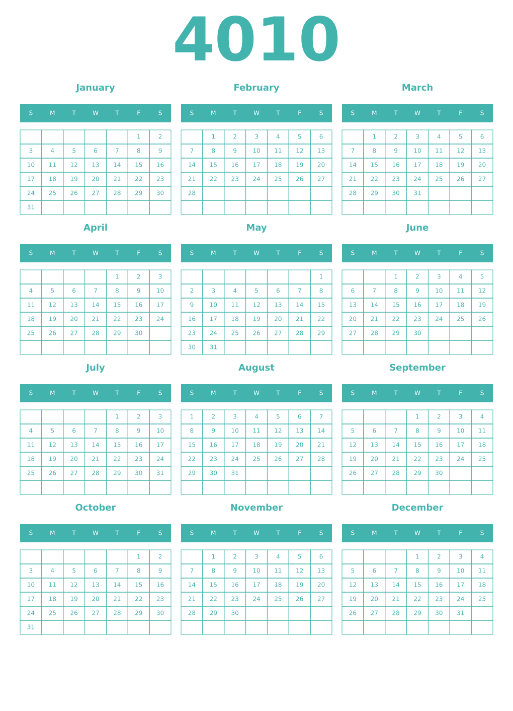 Printable 4010 Year Calendars verdigris