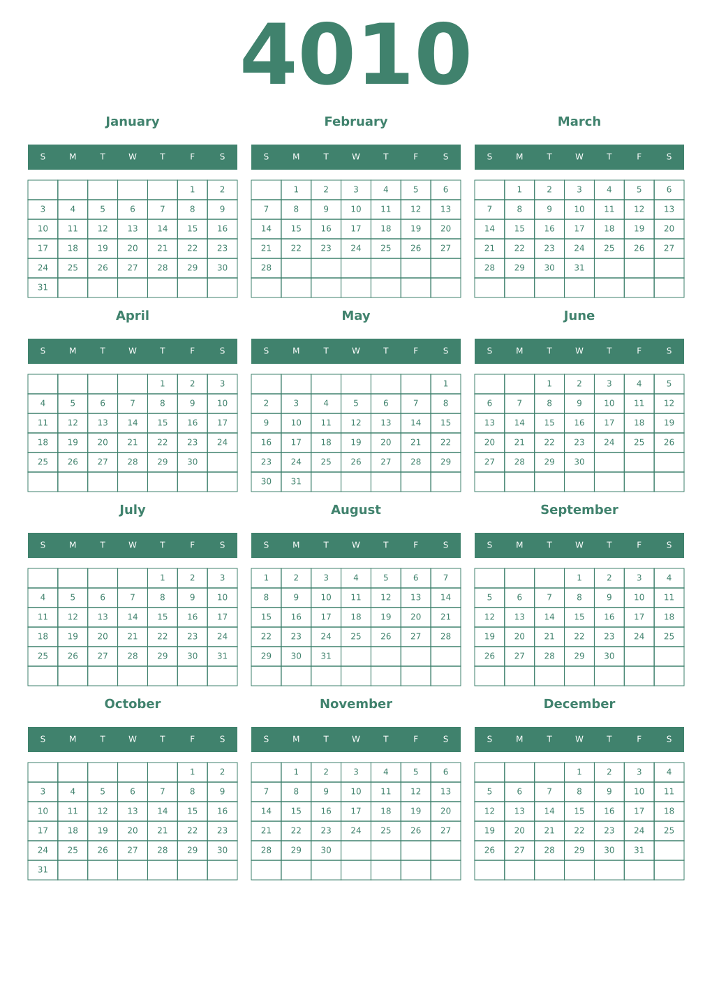 Printable 4010 Year Calendars viridian