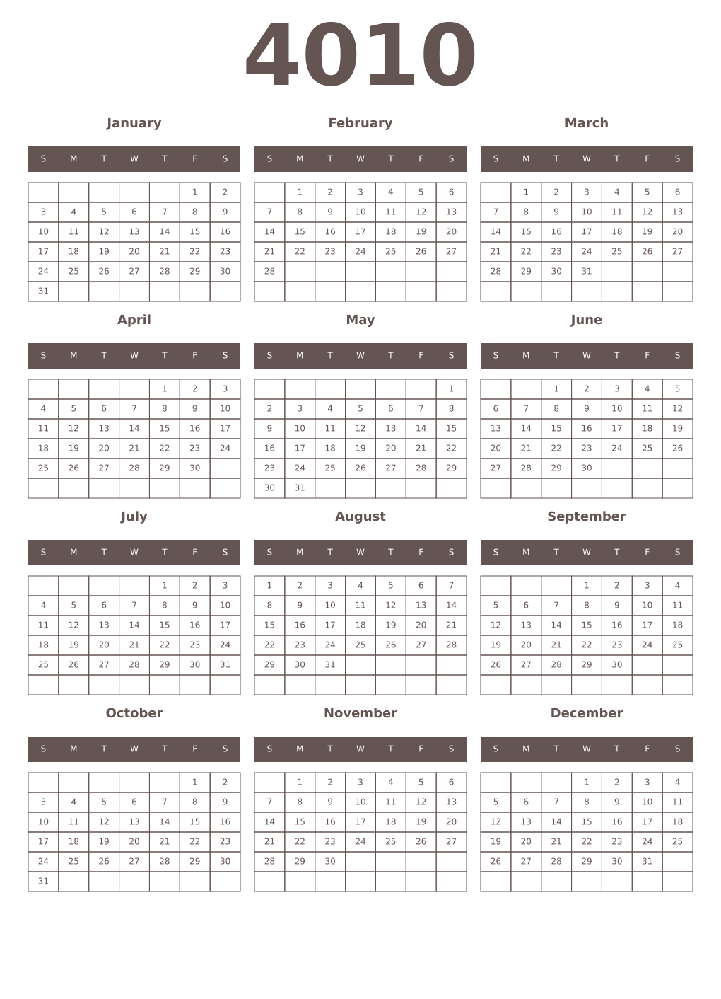 Printable 4010 Year Calendars wenge