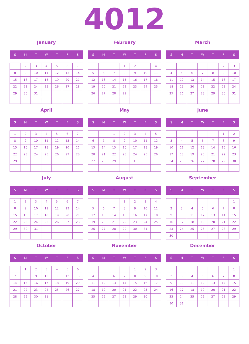 Printable 4012 Calendars
