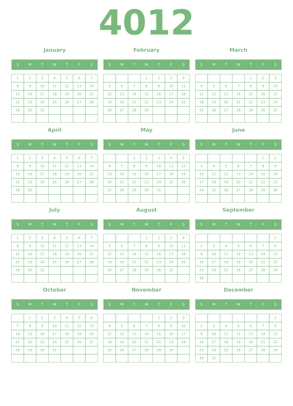 Printable 4012 Year Calendars celadon