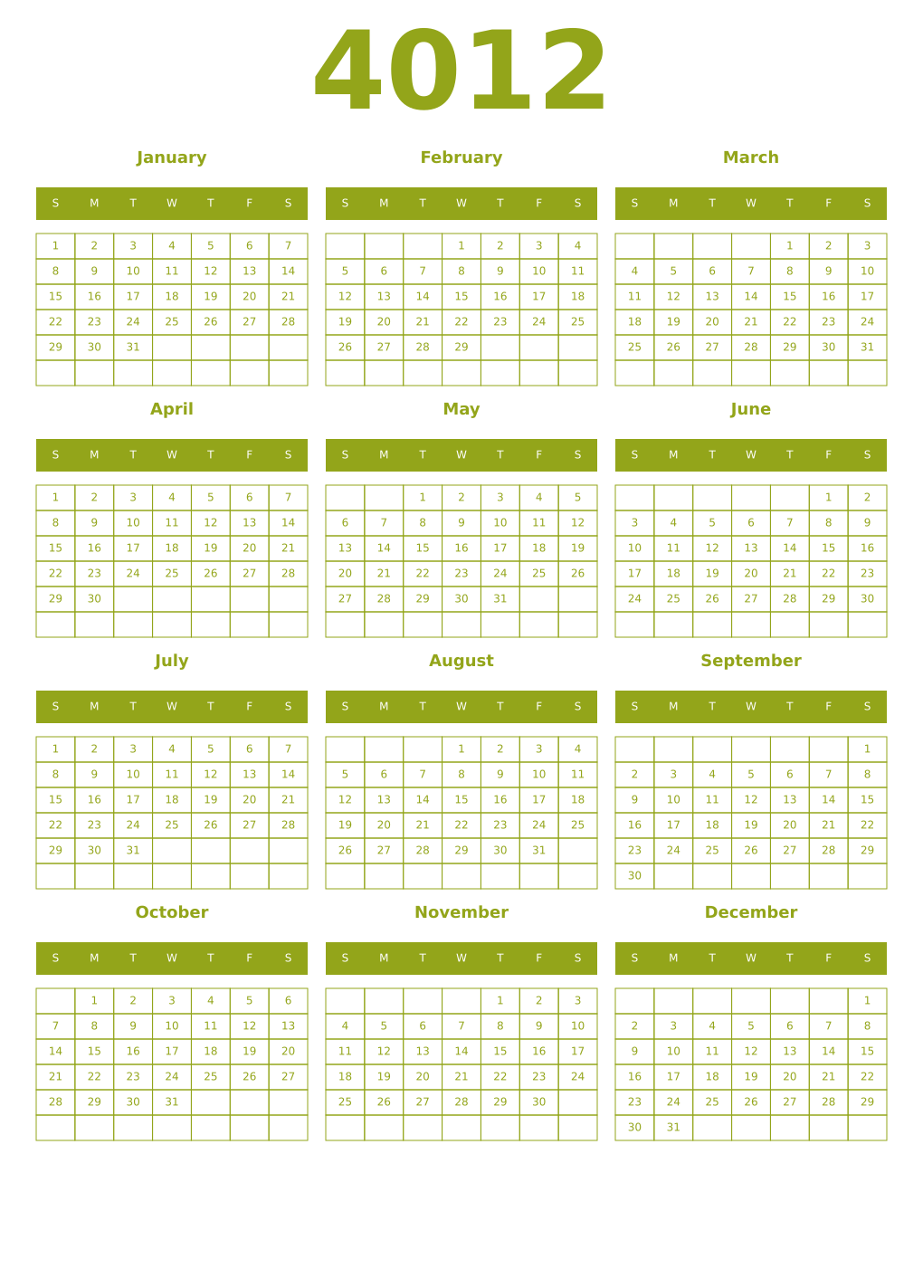 Printable 4012 Year Calendars chartreuse