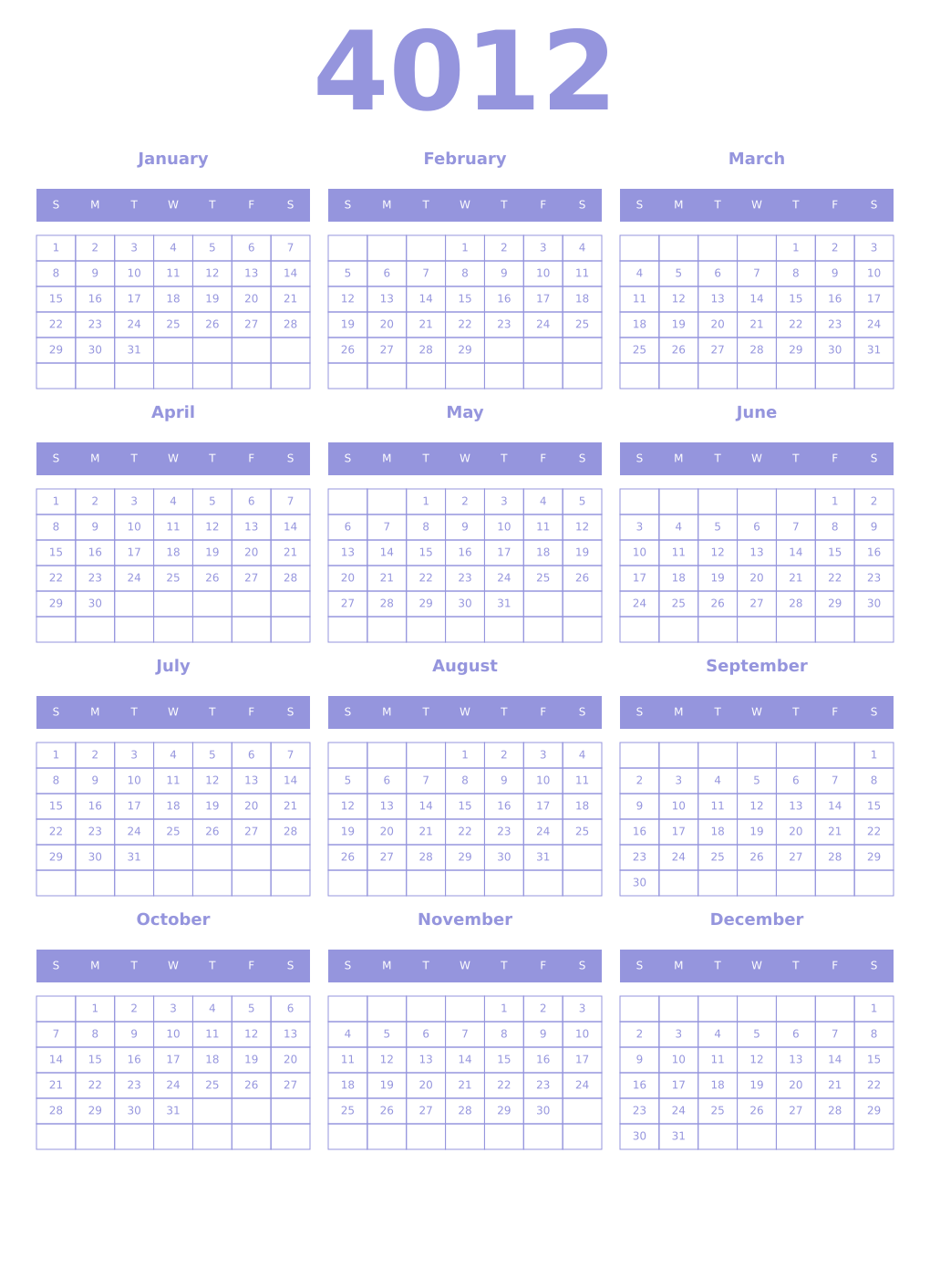 Printable 4012 Year Calendars periwinkle