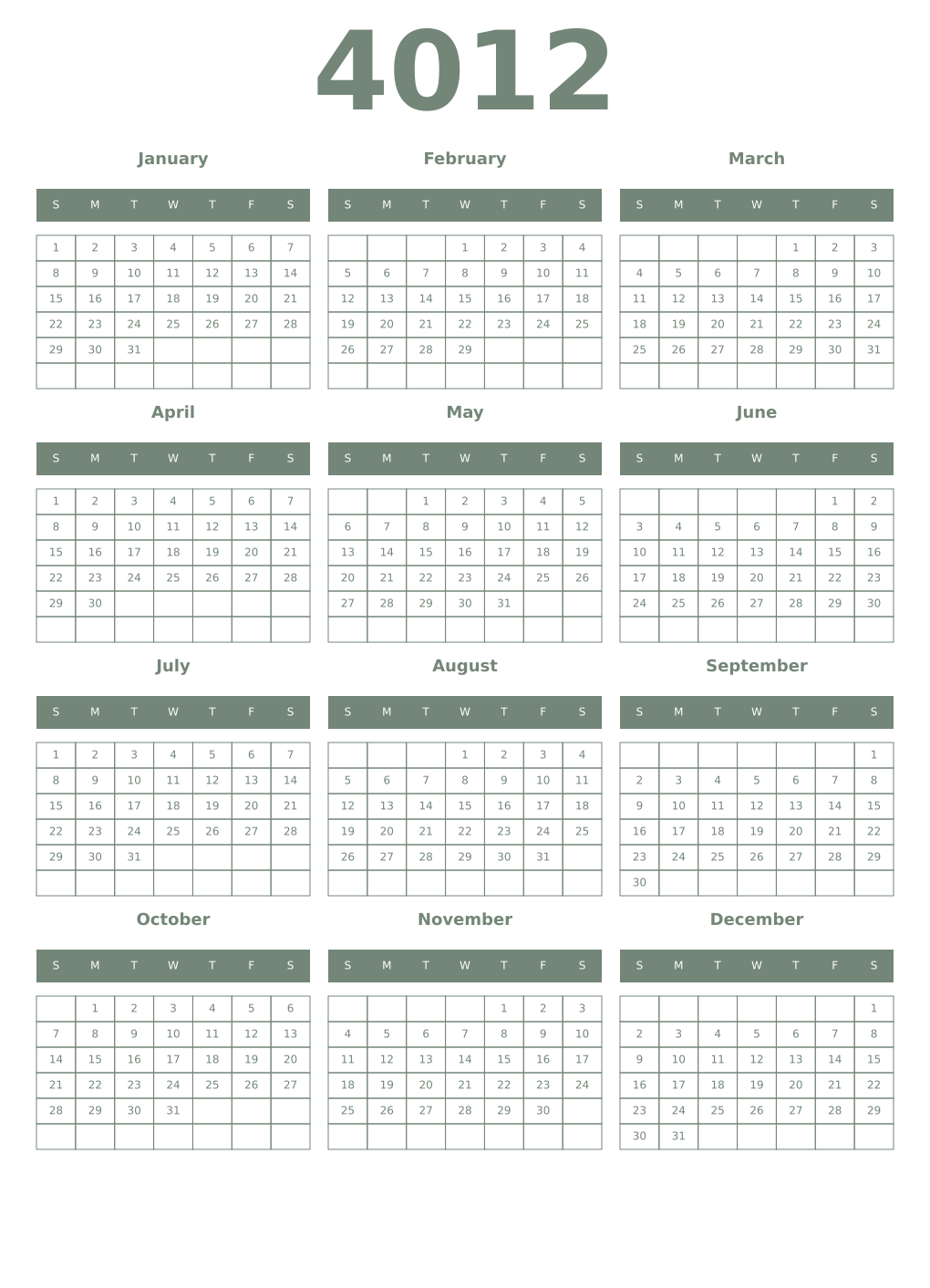 Printable 4012 Year Calendars xanadu