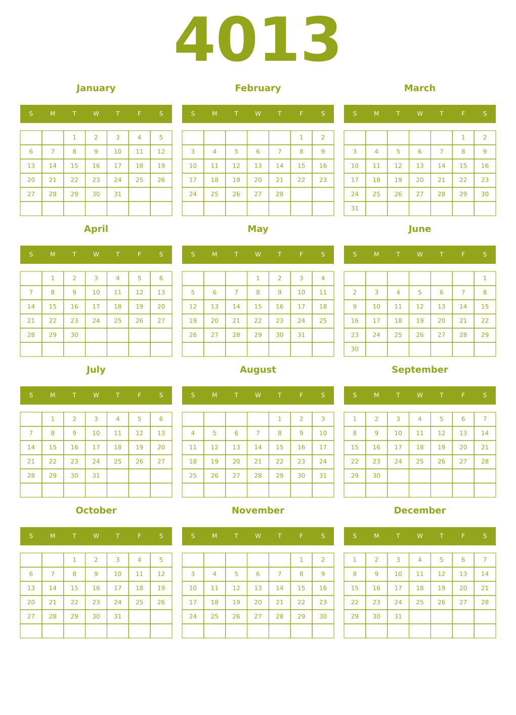 Printable 4013 Year Calendars chartreuse