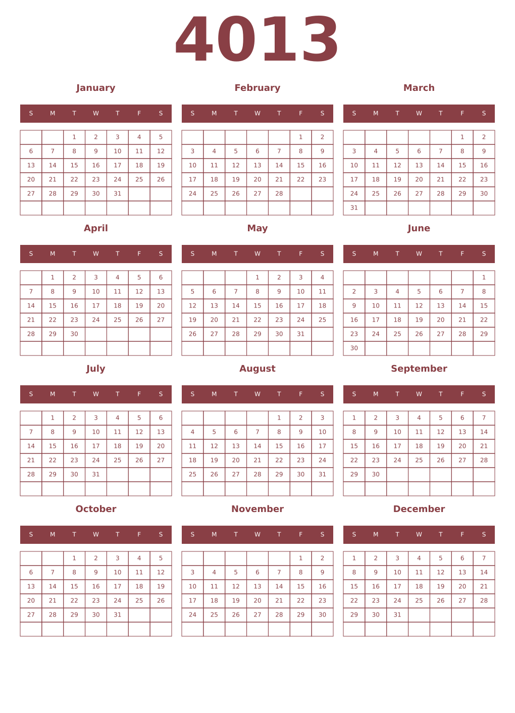 Printable 4013 Year Calendars cordovan