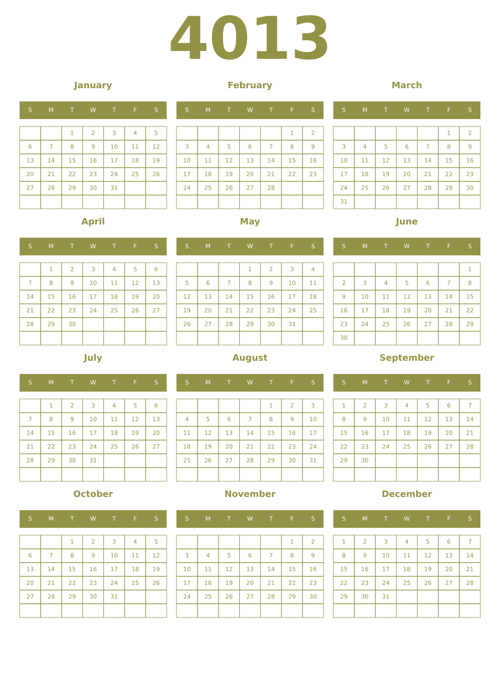 Printable 4013 Year Calendars eburnean