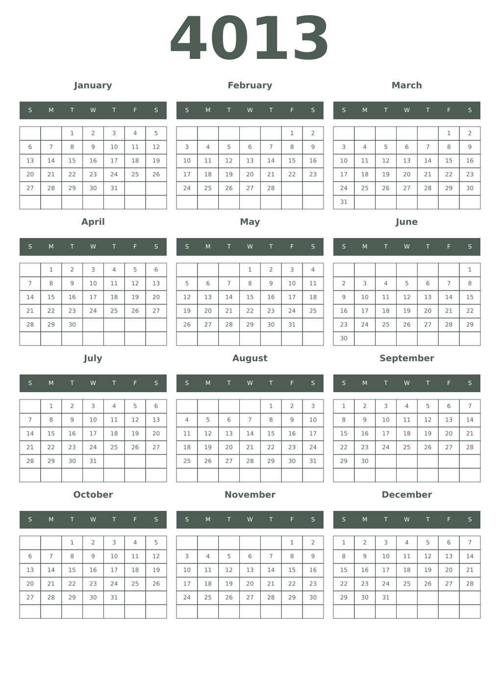 Printable 4013 Year Calendars feldgrau