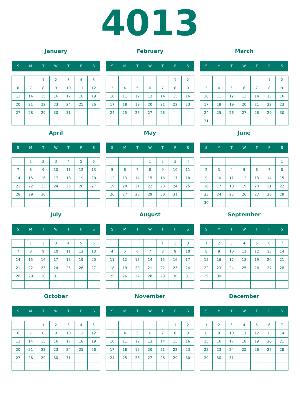 Printable 4013 Year Calendars pastel