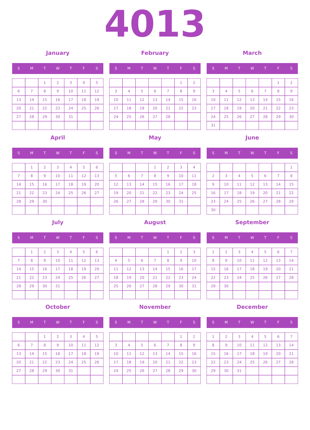 Printable 4013 Year Calendars purple