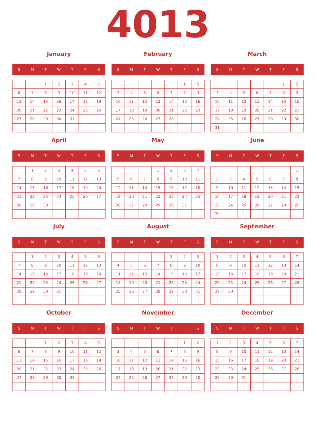 Printable 4013 Year Calendars red