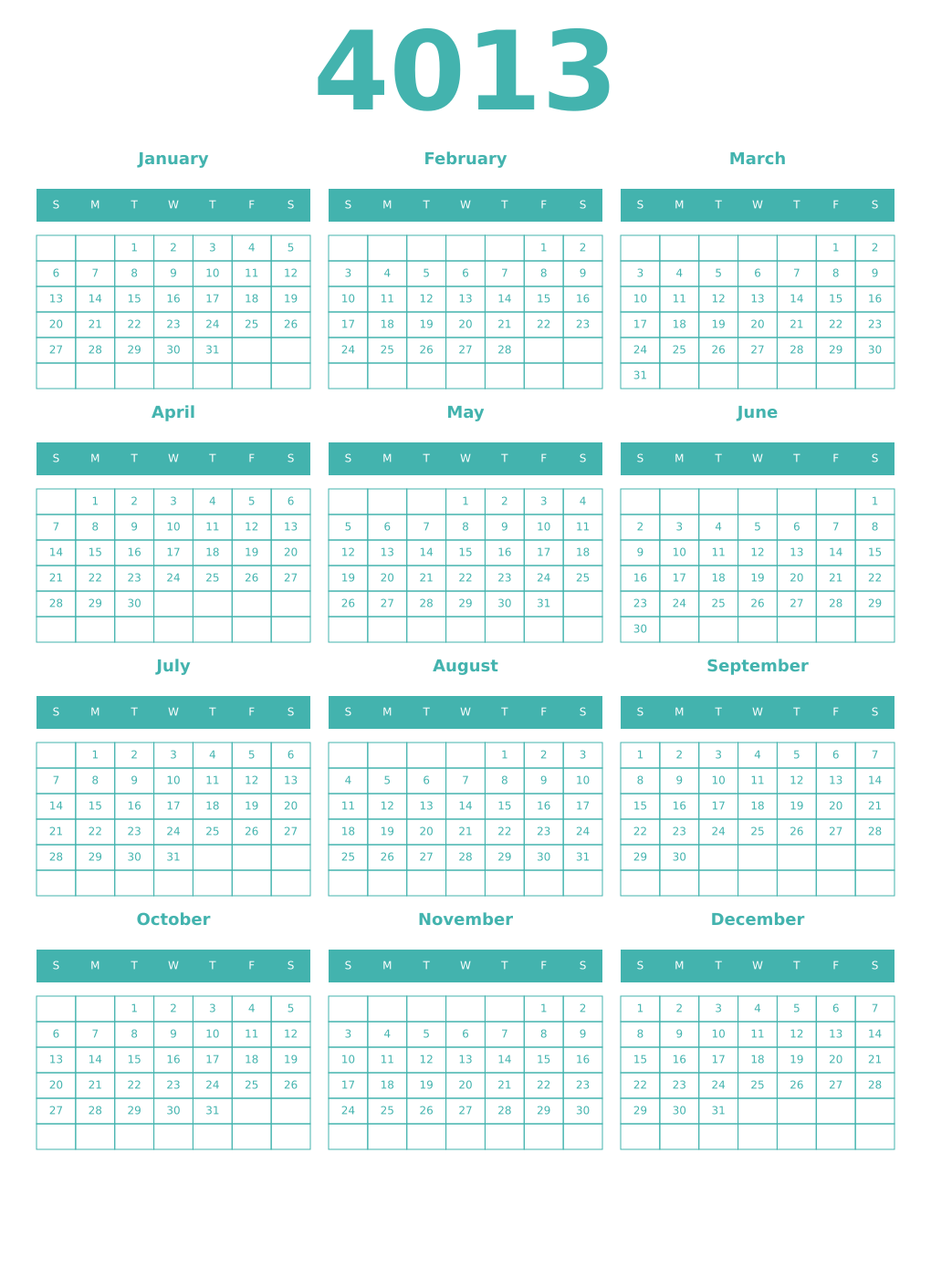 Printable 4013 Year Calendars verdigris