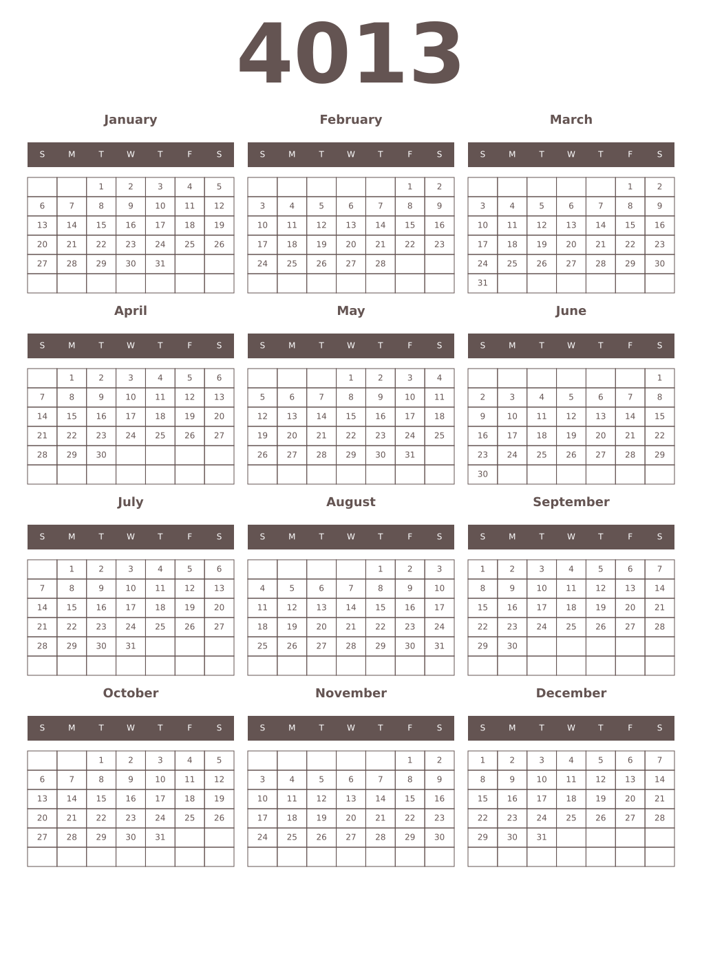 Printable 4013 Year Calendars wenge