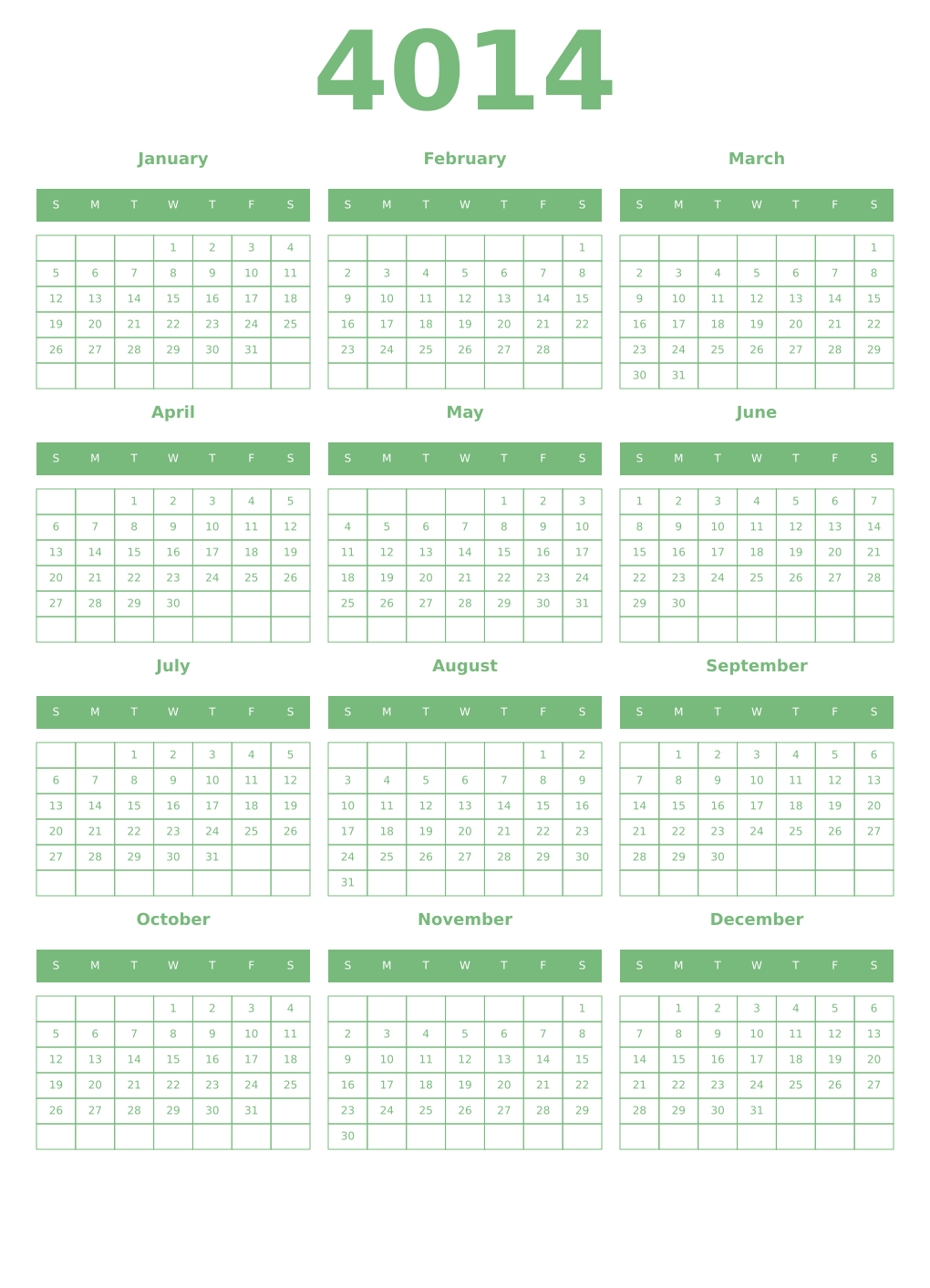 Printable 4014 Year Calendars celadon
