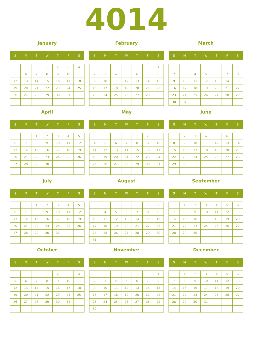 Printable 4014 Year Calendars chartreuse