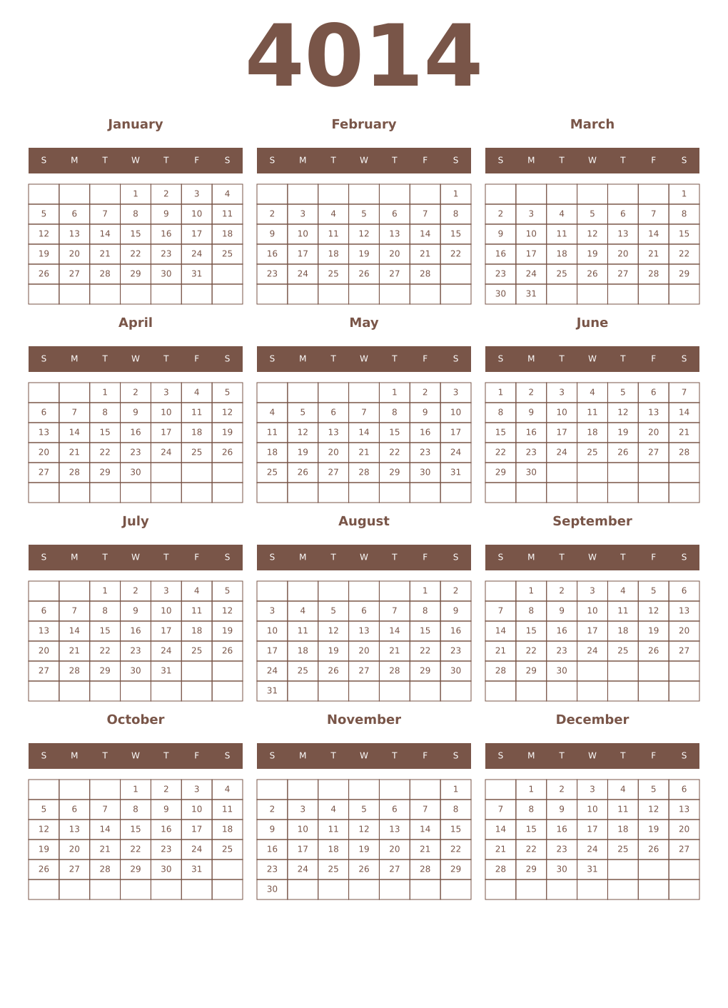 Printable 4014 Year Calendars coffe