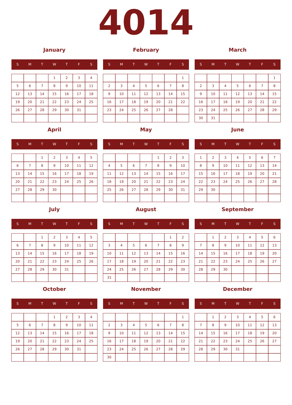 Printable 4014 Year Calendars falu