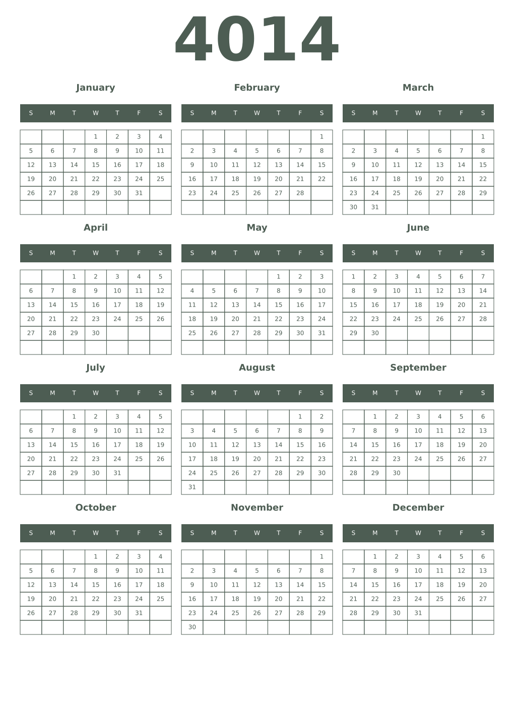 Printable 4014 Year Calendars feldgrau