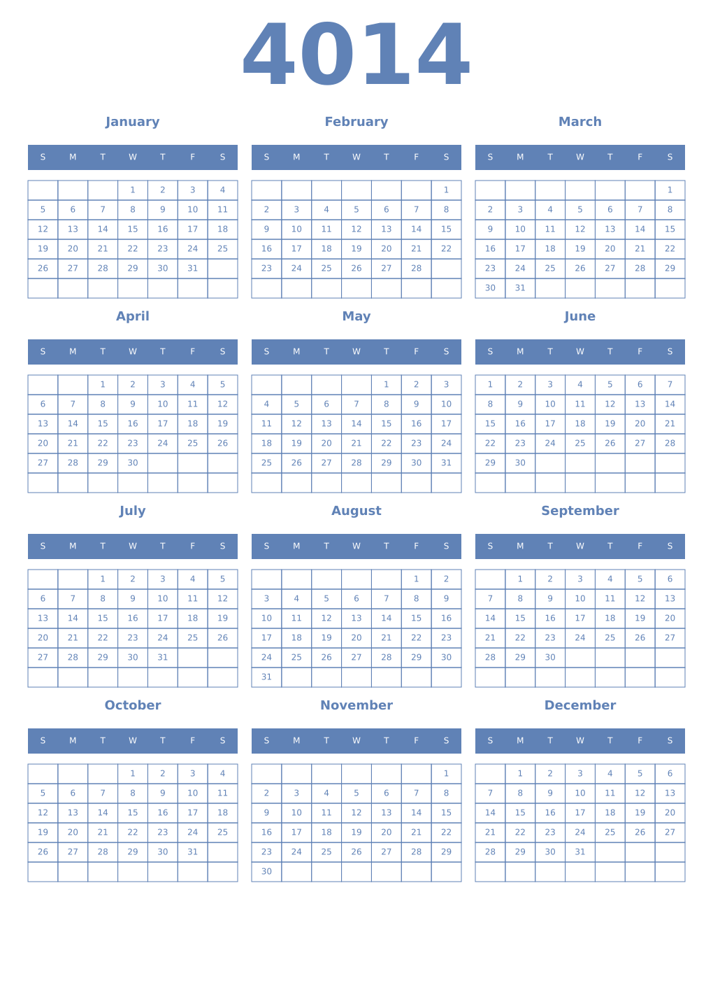 Printable 4014 Year Calendars glaucous
