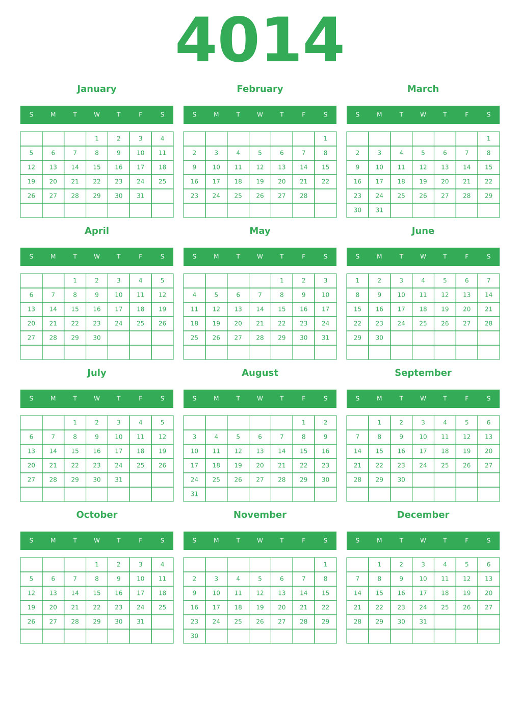 Printable 4014 Year Calendars green