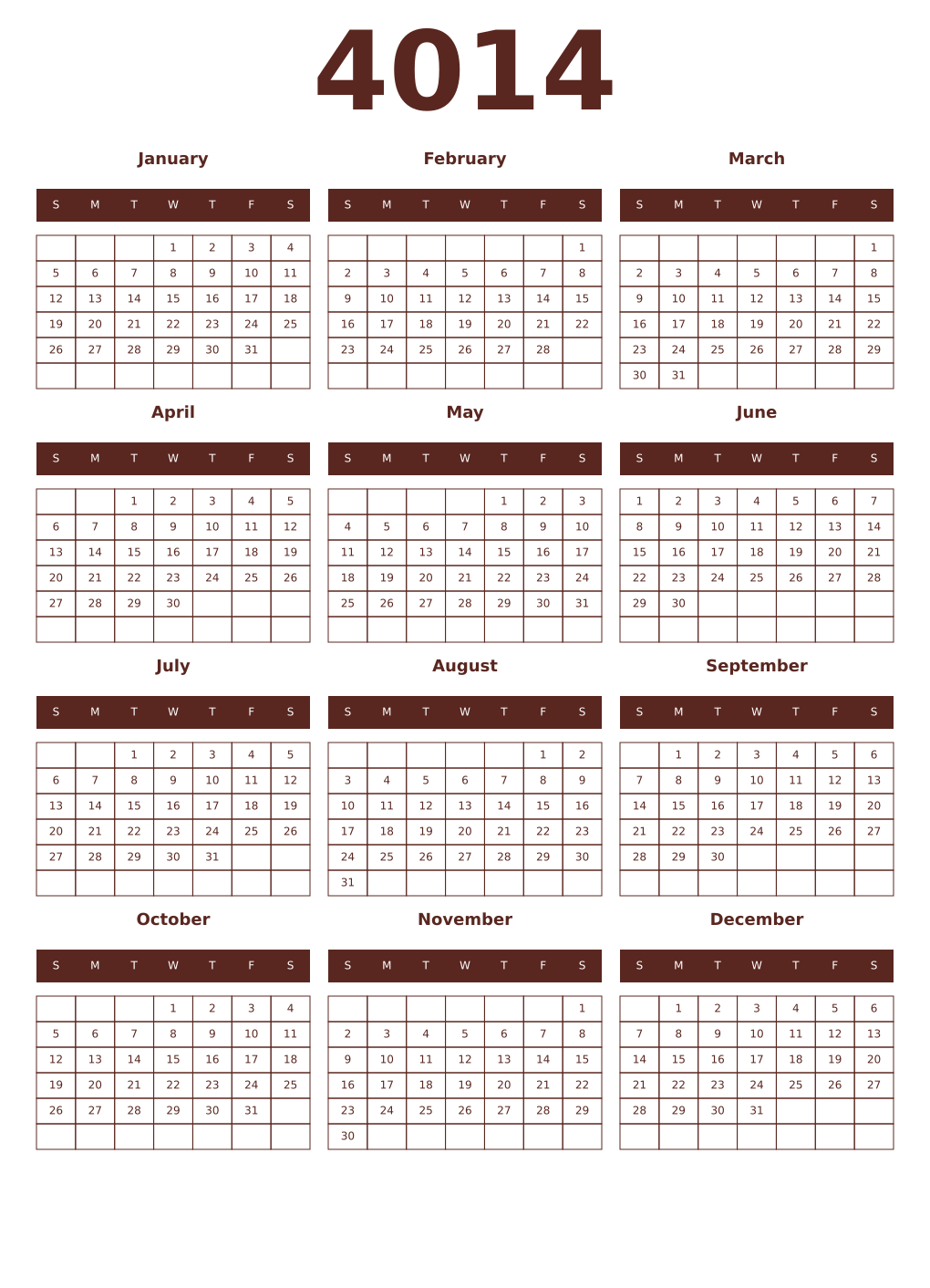 Printable 4014 Year Calendars mortuum