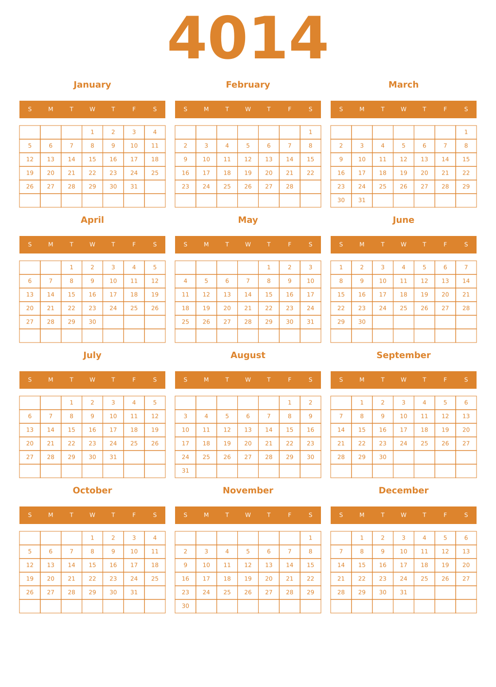 Printable 4014 Year Calendars orange