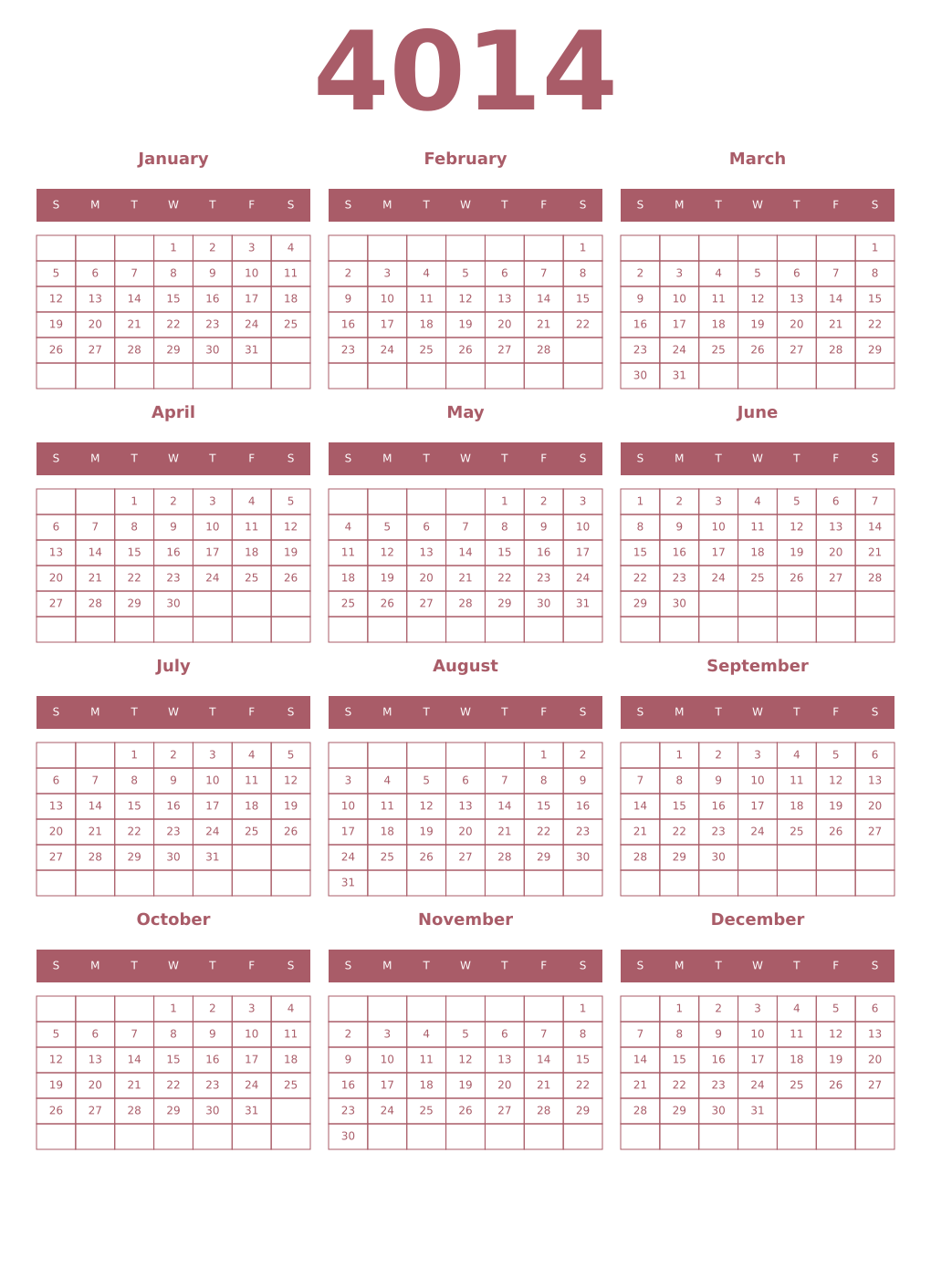 Printable 4014 Year Calendars puce