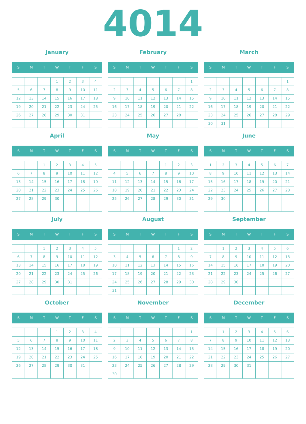 Printable 4014 Year Calendars verdigris