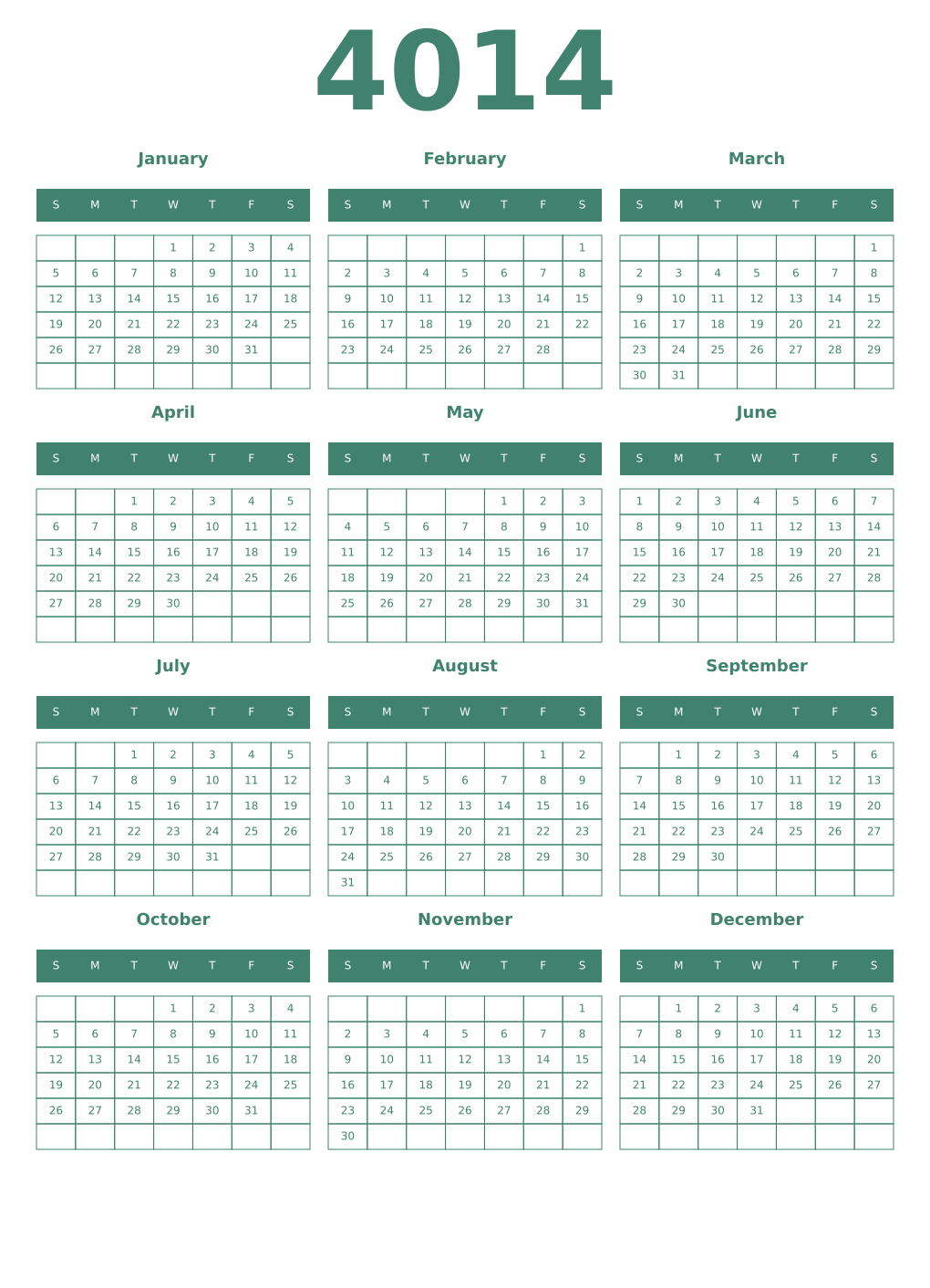 Printable 4014 Year Calendars viridian