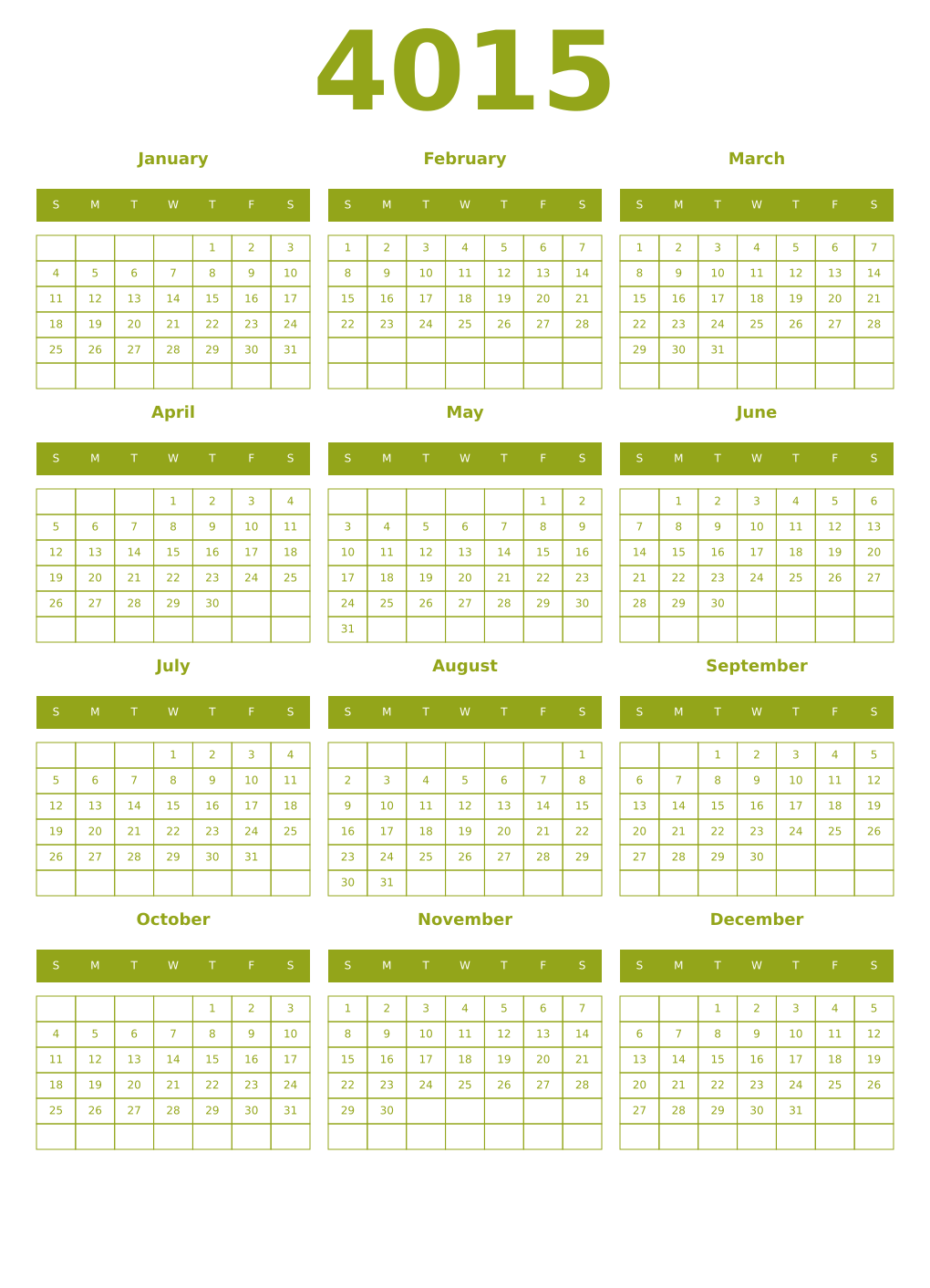 Printable 4015 Year Calendars chartreuse