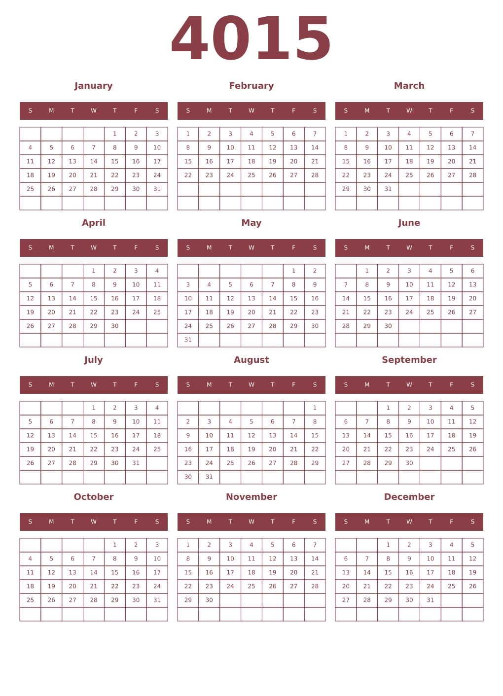Printable 4015 Year Calendars cordovan