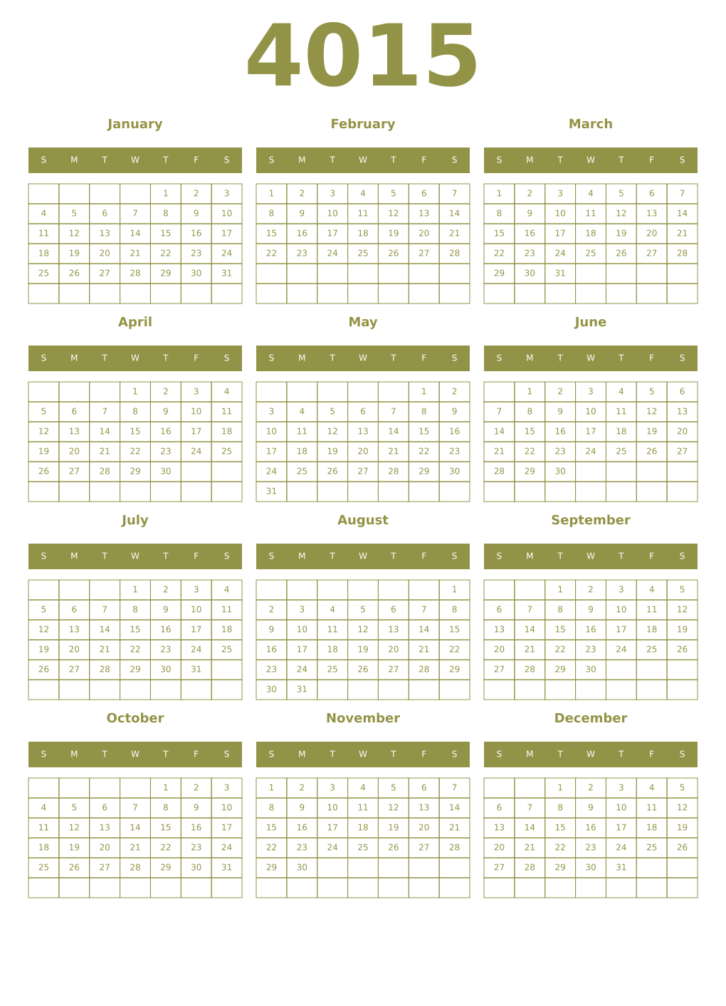 Printable 4015 Year Calendars eburnean