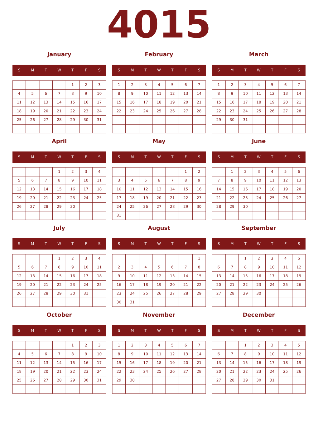 Printable 4015 Year Calendars falu