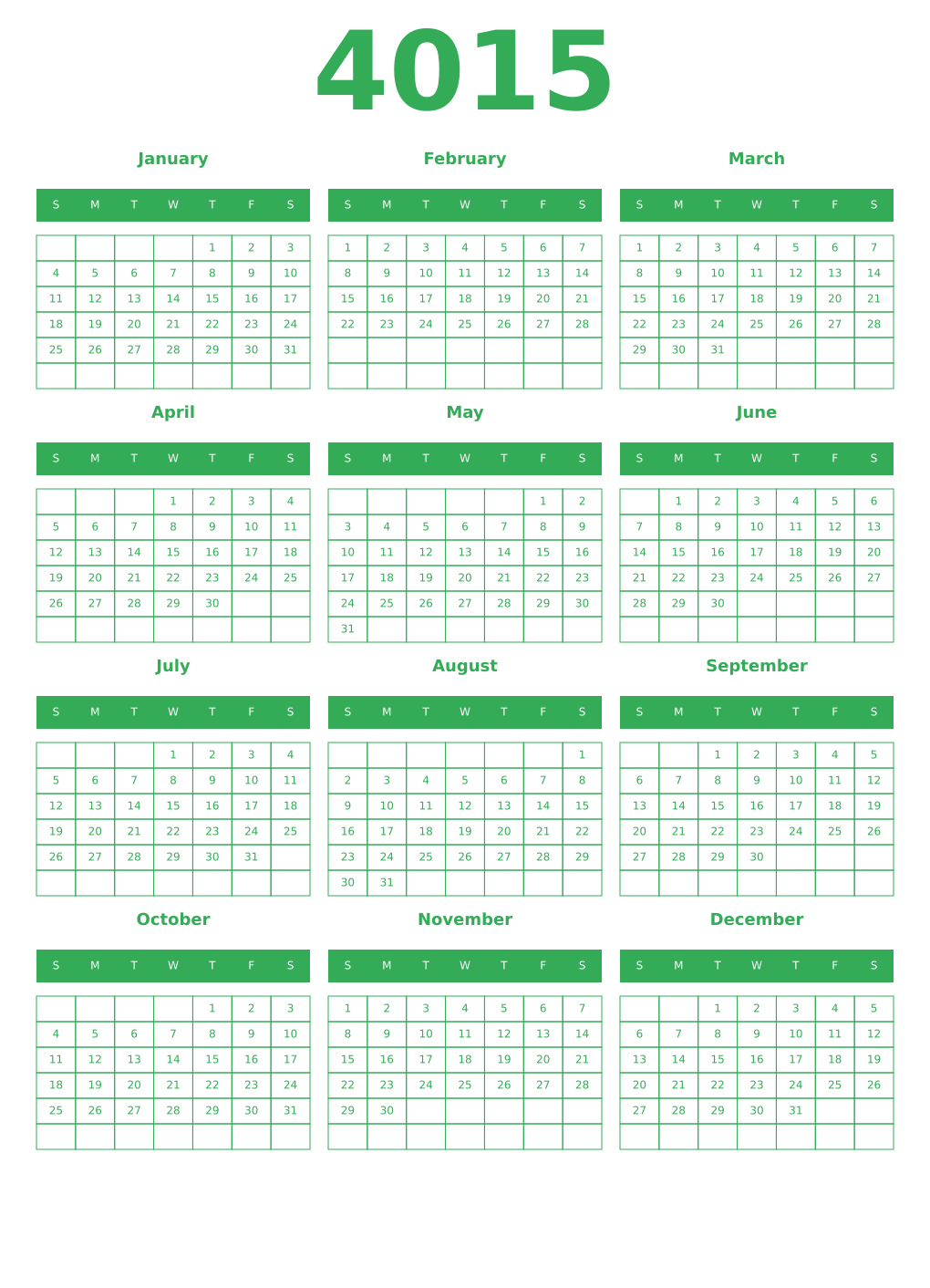 Printable 4015 Year Calendars green