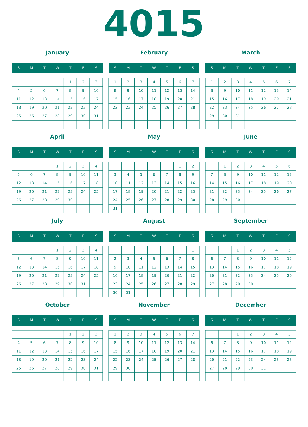 Printable 4015 Year Calendars pastel