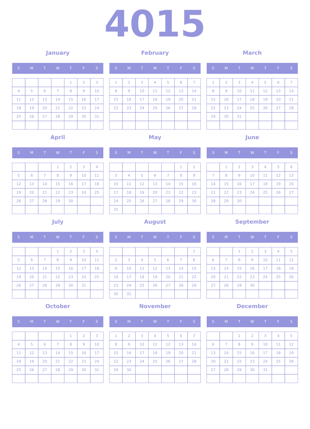 Printable 4015 Year Calendars periwinkle