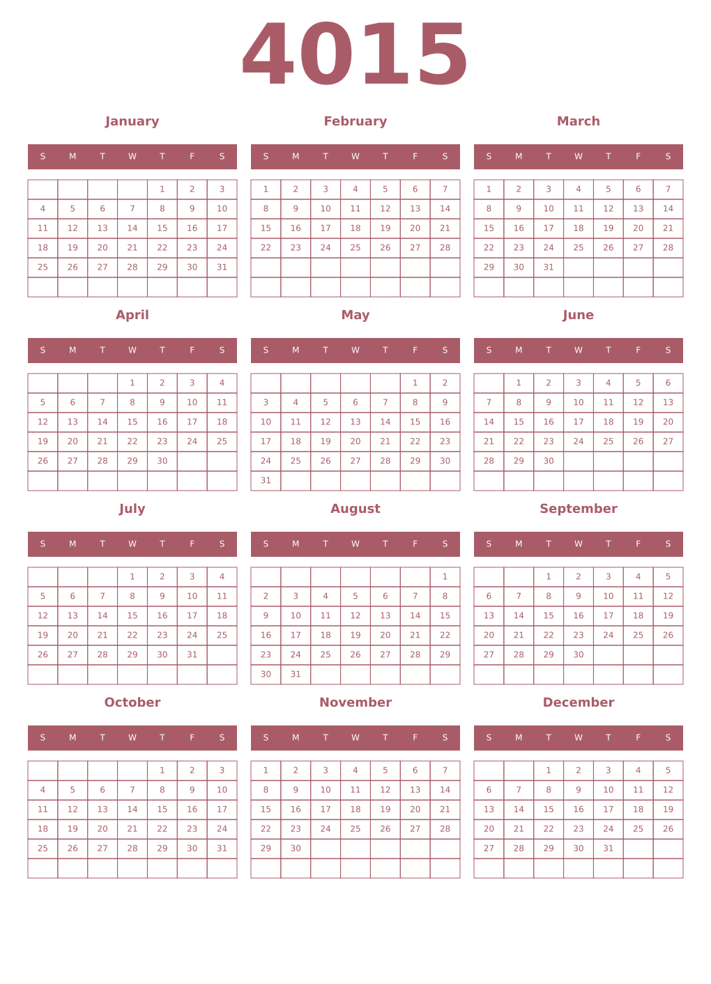 Printable 4015 Year Calendars puce