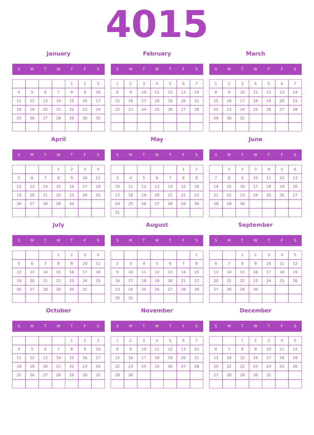 Printable 4015 Year Calendars purple