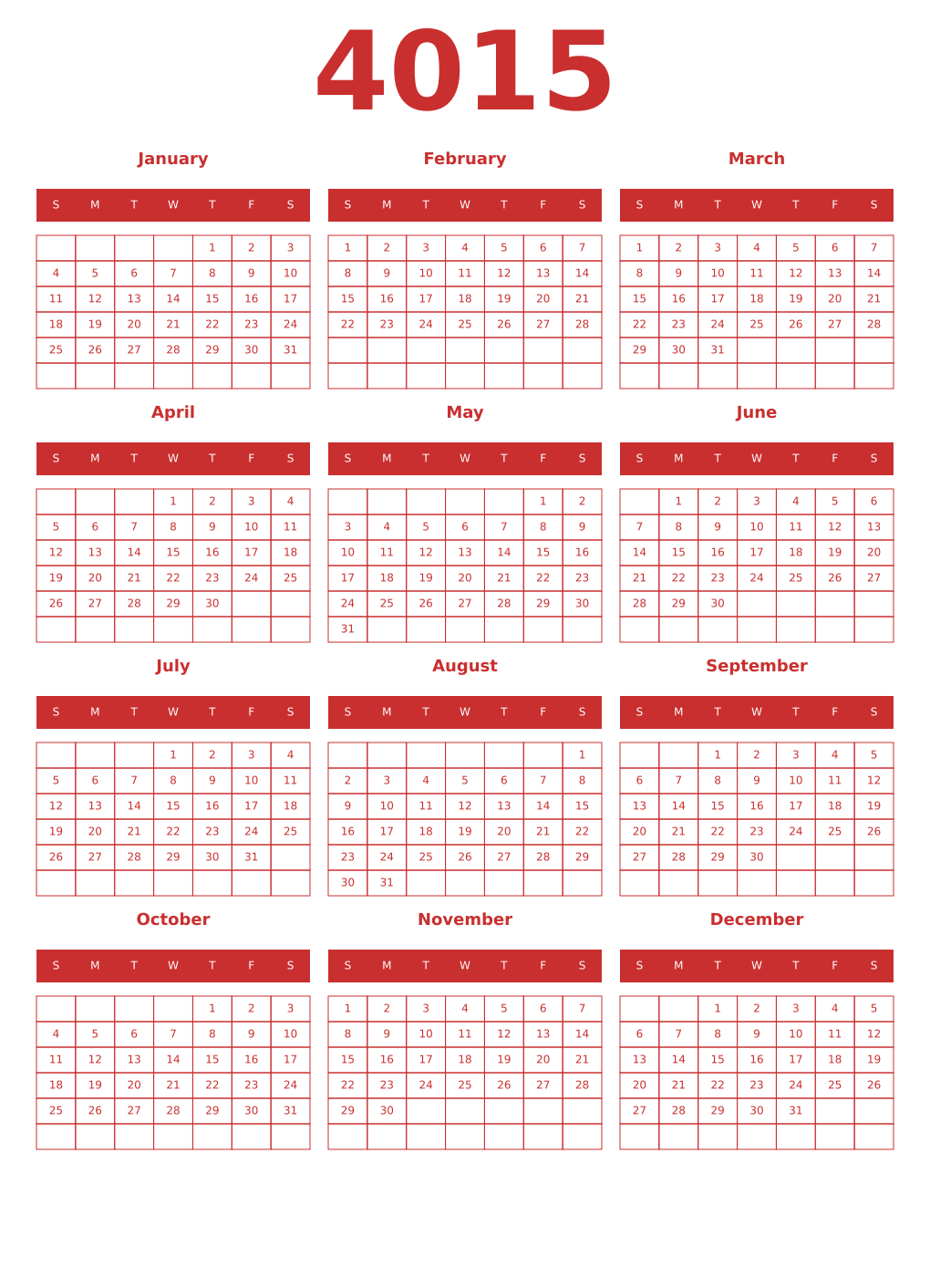 Printable 4015 Year Calendars red