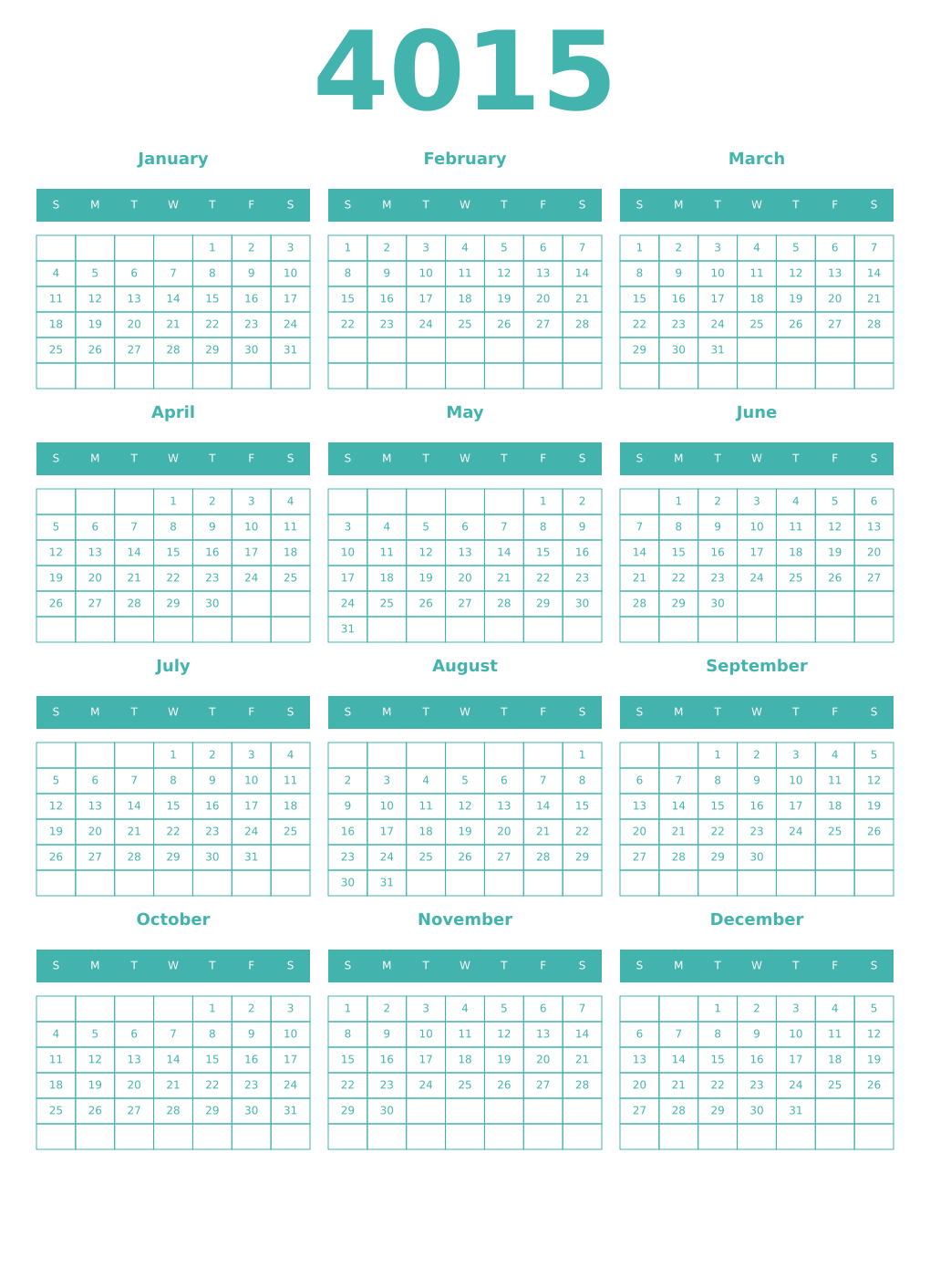 Printable 4015 Year Calendars verdigris
