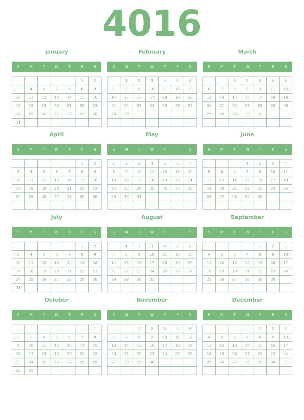 Printable 4016 Year Calendars celadon