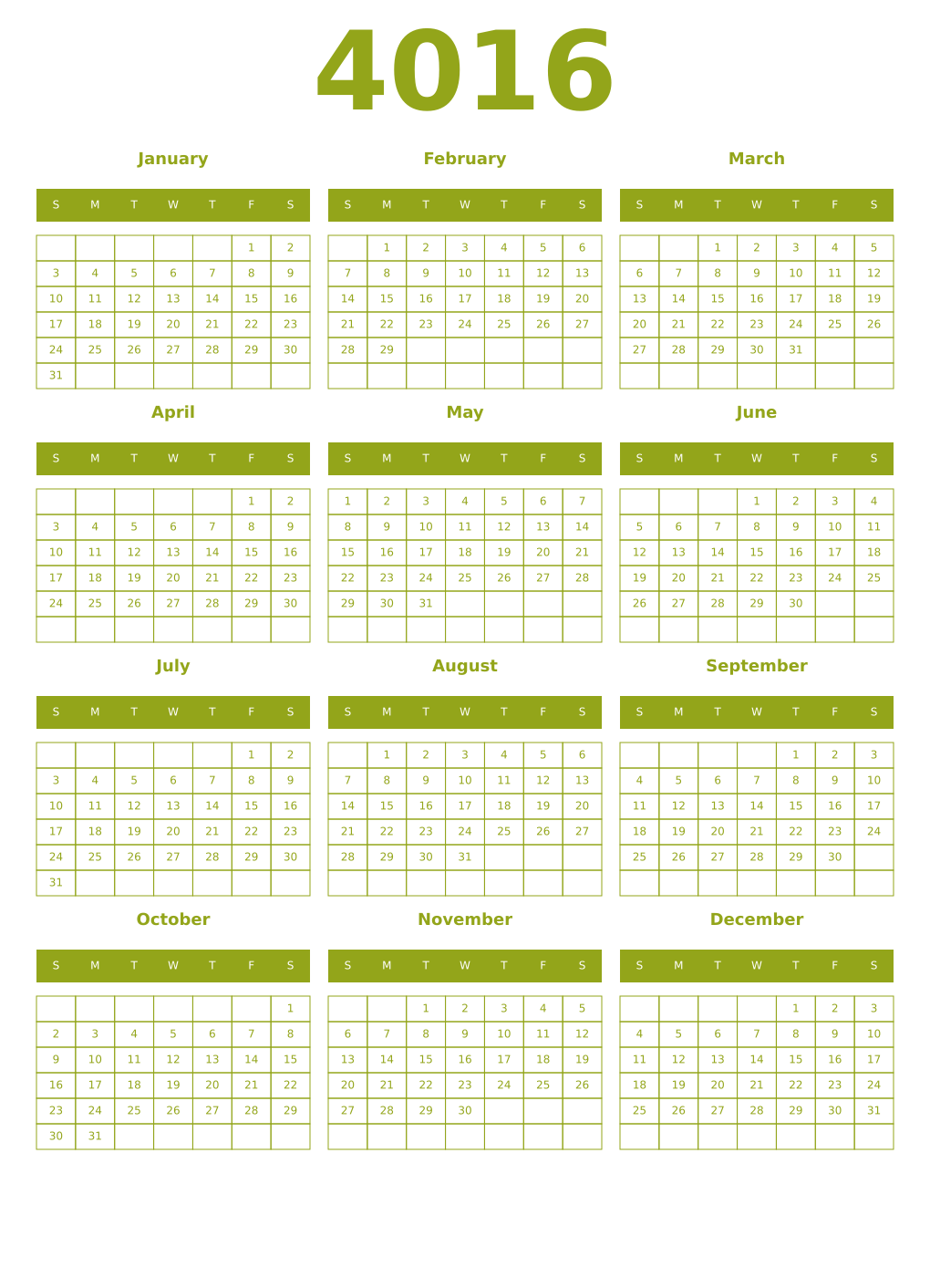 Printable 4016 Year Calendars chartreuse