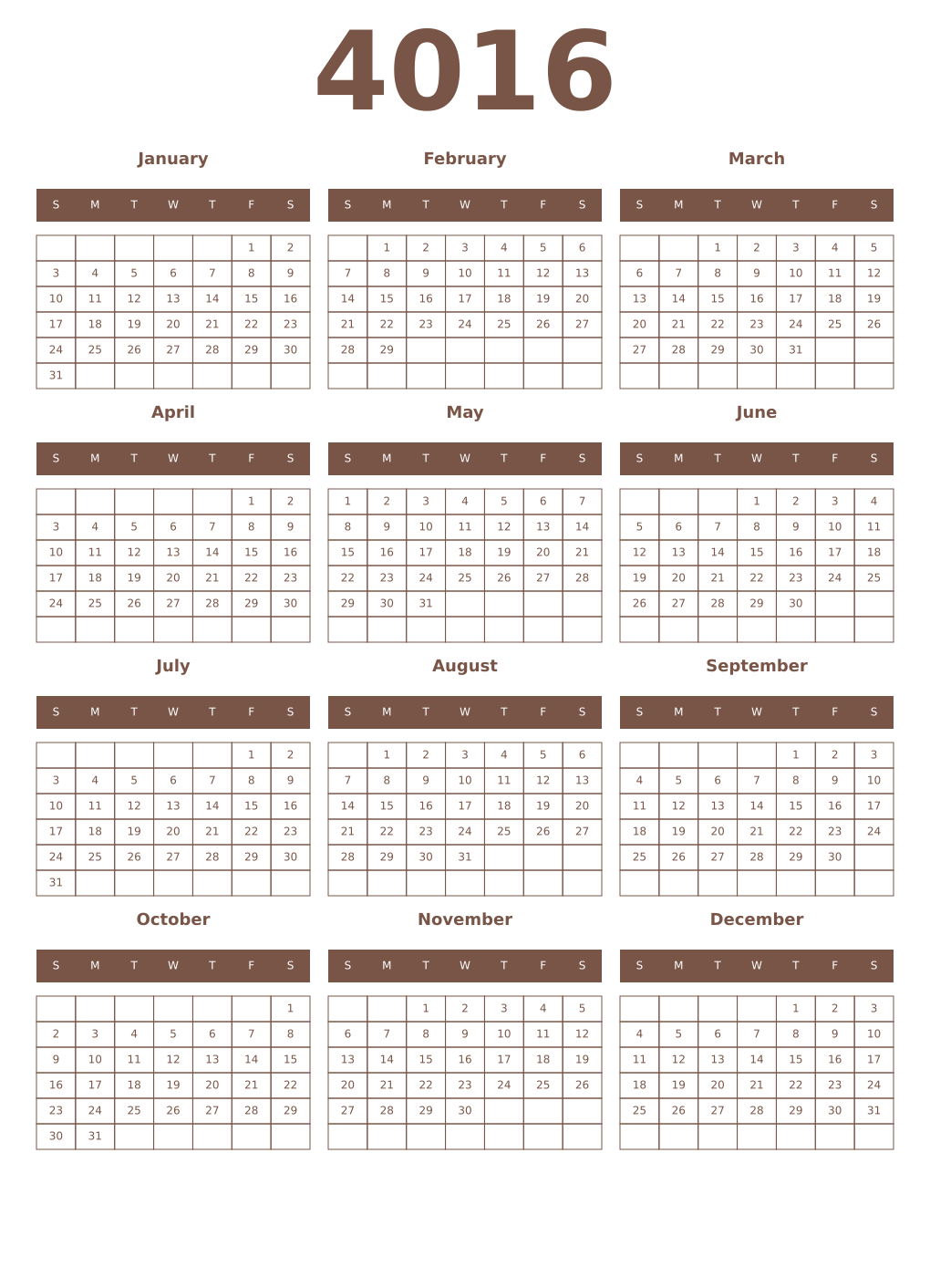Printable 4016 Year Calendars coffe
