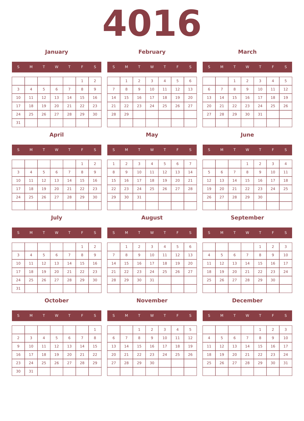 Printable 4016 Year Calendars cordovan