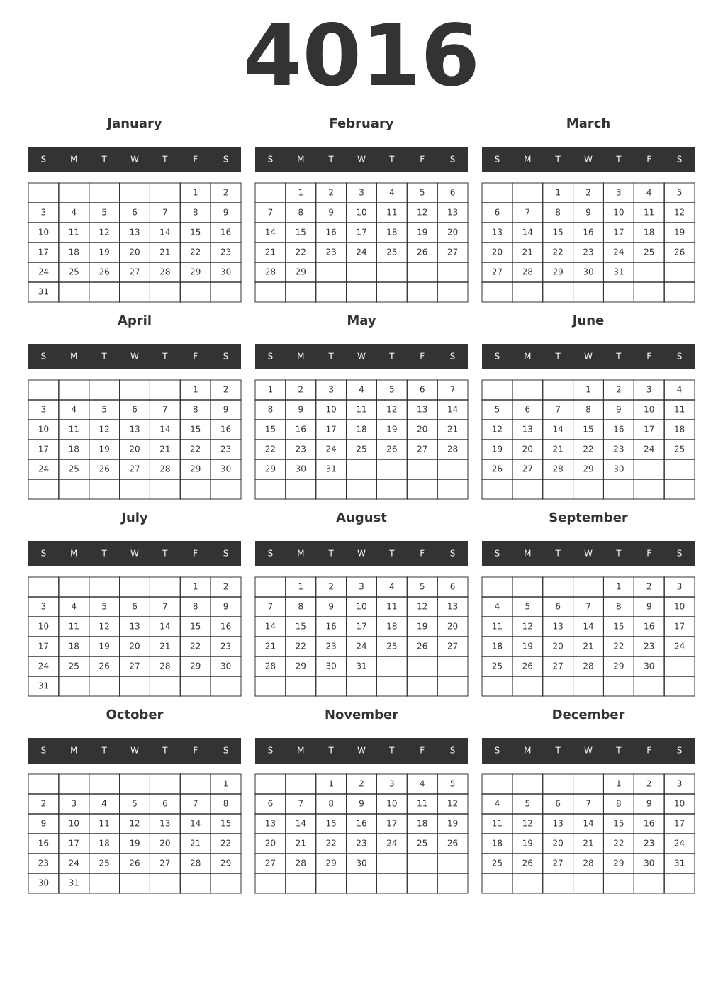 Printable 4016 Year Calendars dark